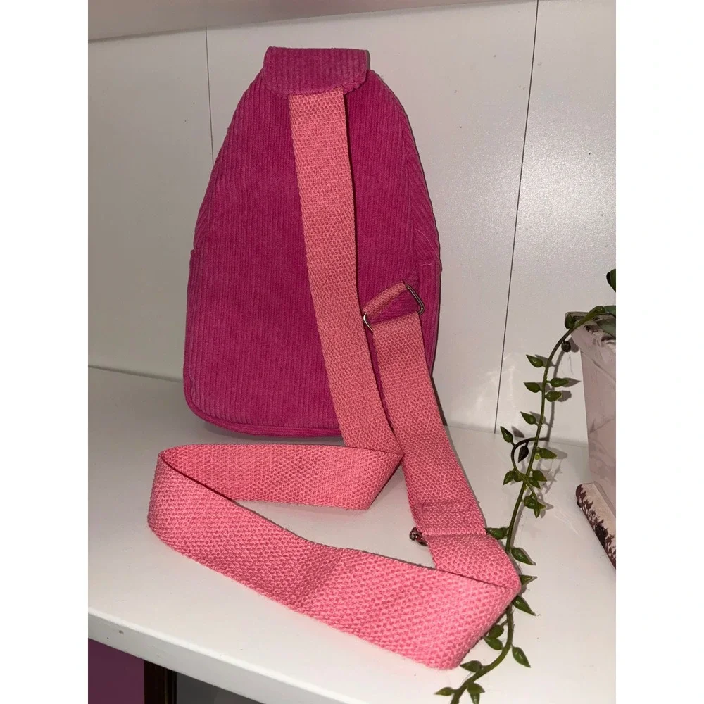 Hot Pink Corduroy Sling Bag Crossbody Backpack Small Travel Festival Bag